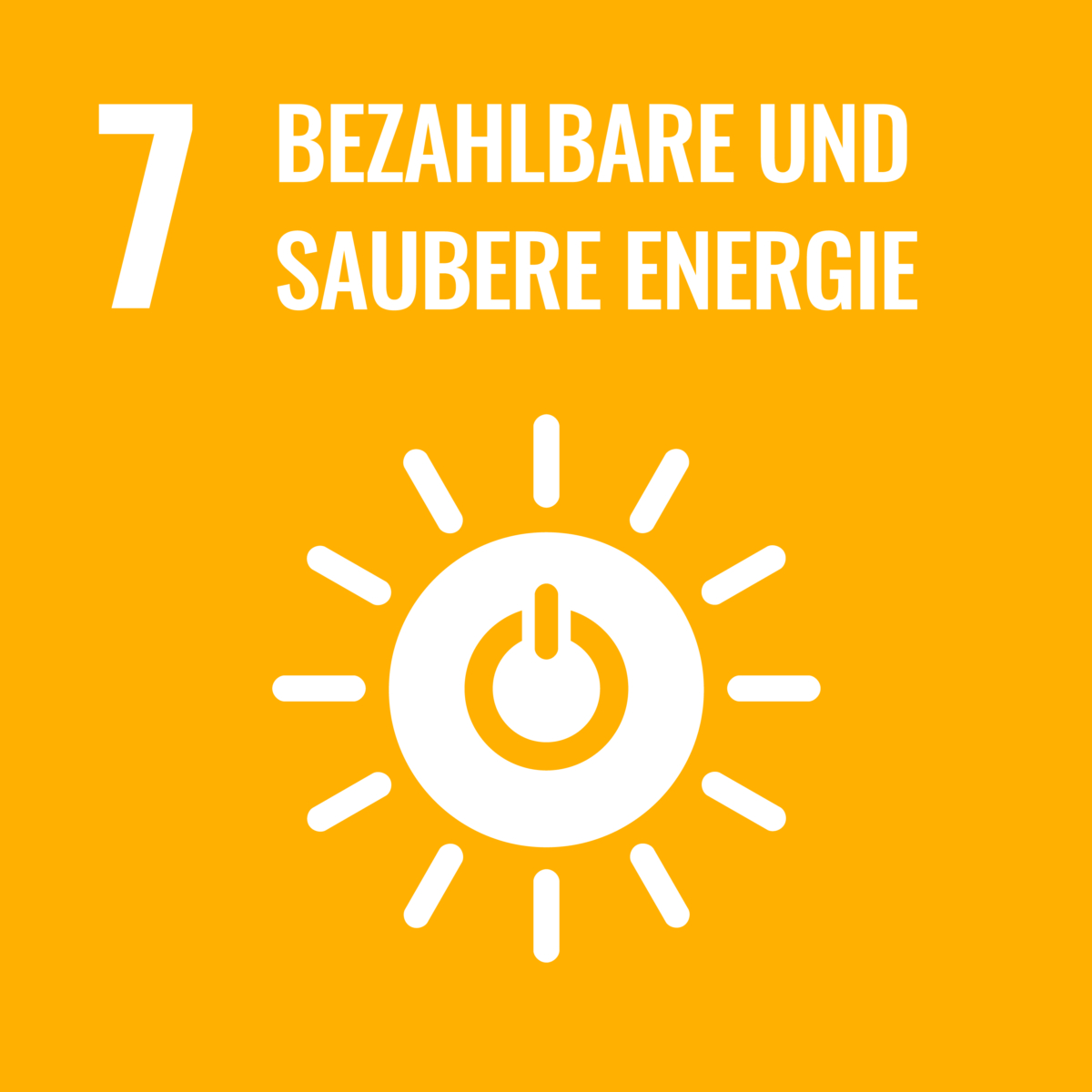 Graphik SDG Ziel sieben bezahlbare und saubere Energie Sonne mit Einschaltsymbol auf gelbem Hintergrund