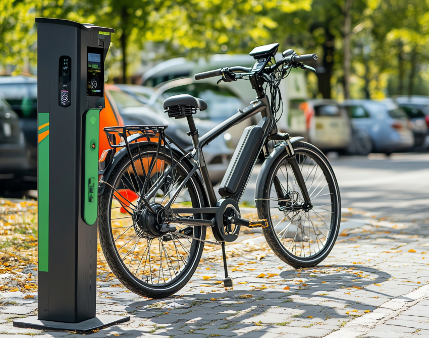 E-Bike beim Aufladen an öffentlicher Station