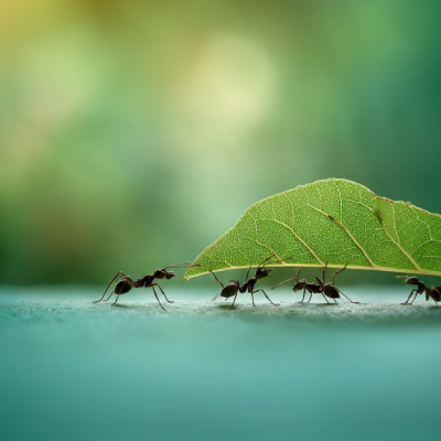 Vier Ameisen tragen ein Blatt